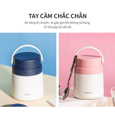 Hộp cơm giữ nhiệt Lock&Lock màu xanh navy LHC8042NVY 700ml - Hàng chính hãng, 2 ngăn kèm muỗng inox, có thể ủ cháo cho bé - JoyMall