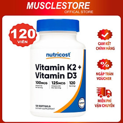 Viên Uống Nutricost Vitamin D3 + K2 MK7 (120 viên), Hỗ Trợ Răng Xương Chắc Khỏe, Ngừa Loãng Xương