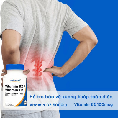 Viên Uống Nutricost Vitamin D3 + K2 MK7 (120 viên), Hỗ Trợ Răng Xương Chắc Khỏe, Ngừa Loãng Xương