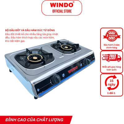 Bếp Gas Đôi Mặt Inox WINDO - 618 PHI 100 - Lửa lớn, điếu gang, có đầu hâm tiết kiệm gas- Hàng Chính Hãng