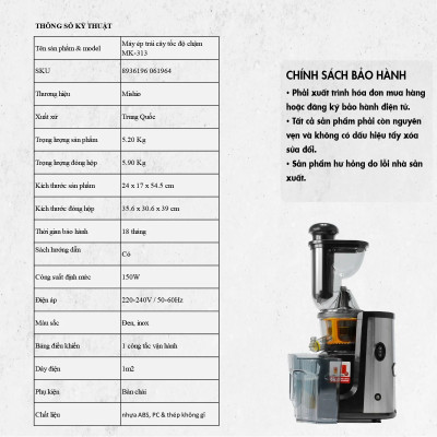 Máy Ép Trái Cây Mishio MK313 motor đồng máy nặng 5.2Kg - Hàng Chính Hãng