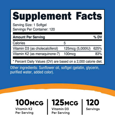Viên Uống Nutricost Vitamin D3 + K2 MK7 (120 viên), Hỗ Trợ Răng Xương Chắc Khỏe, Ngừa Loãng Xương