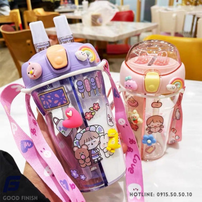 Bình nước 2 ngăn dễ thương cho bé yêu tặng kèm sticker 2d, 3d và co rửa ống hút FG Good Finish .Có dây đeo đồng màu đẹp mắt.