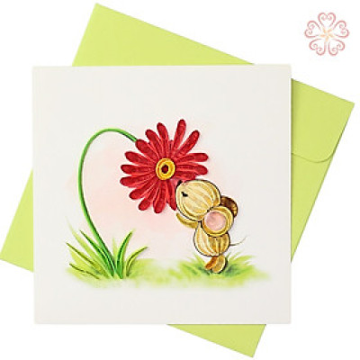 Thiệp giấy xoắn nghệ thuật - chú chuột và đóa hoa - size 15x15cm