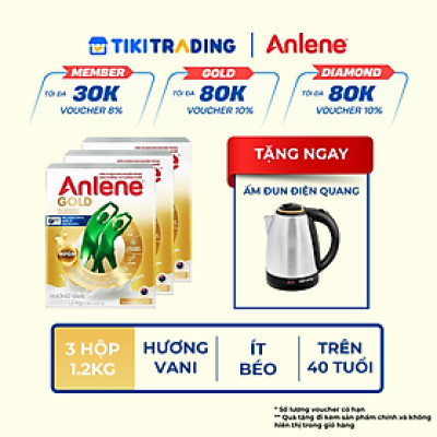 Bao bì mới - Combo 3 Sữa Bột Anlene Gold Hương Vanilla (Hộp giấy 1200g) - Tặng ấm đun Điện Quang