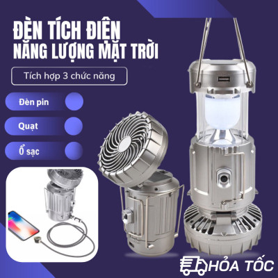 Đèn năng lượng mặt trời kèm quạt GSH9299 cầm tay sử dụng pin Lithium tiện dụng, tích điện 3 chức năng đèn pin, quạt và cổng đầu ra USB, chống nước đi cắm trại, dã ngoại - Hàng chính hãng