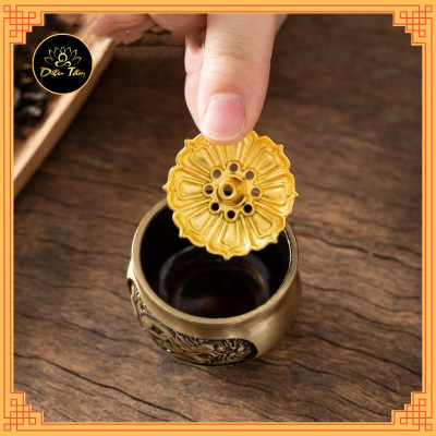 Lư Hương cắm nhang không tăm mini lư xông trầm hương 3 Chân Khắc rồng phượng tặng đế cắm nhang, lư không tăm mini