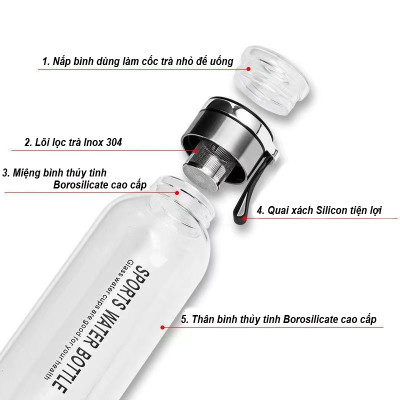 Bình Nước Thuỷ Tinh Kèm Nắp Pha Trà Thông Minh Cao Cấp Có Lọc Trà Inox Sang Trọng Tặng Túi Chống Nóng Quai Đeo