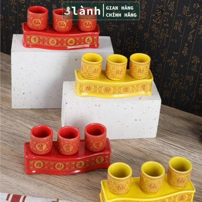 Bộ 3 Ly Cốc Thờ Cúng Bàn Thờ Thần Tài Thổ Địa Gốm Sứ Cao Cấp Cao 7,5cm Hoa Văn Sen 3 Lành