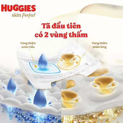 Tã/bỉm dán sơ sinh Huggies Skin Perfect S 54+4 miếng với 2 vùng thấm giảm kích ứng da