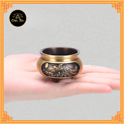 Lư Hương cắm nhang không tăm mini lư xông trầm hương 3 Chân Khắc rồng phượng tặng đế cắm nhang, lư không tăm mini