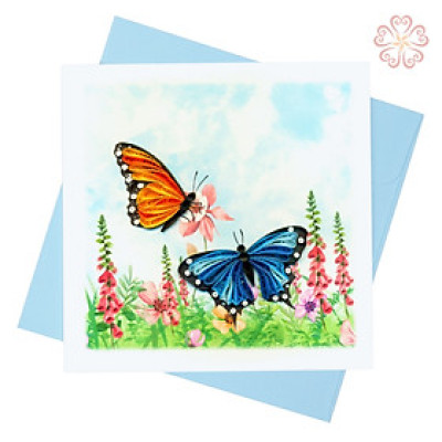 Thiệp Giấy Xoắn Nghệ Thuật - bươm bướm trên cánh đồng hoa - size 15x15cm