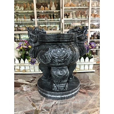 Lư hương, bát hương, bát nhang chạm rồng trang trí bàn thờ, mộ đá cẩm thạch vân đen - Cao 25 cm