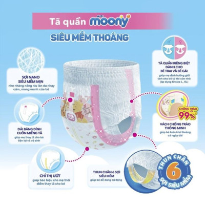 Tã Quần Cao Cấp Moony Nhật Bản bé gái L44 [Tặng 8 miếng Moony Natural cùng size]