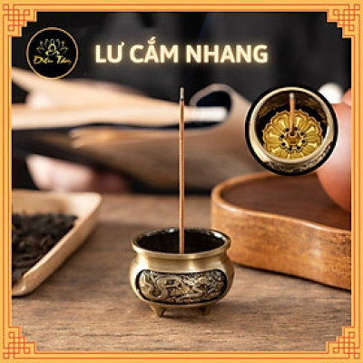 Lư Hương cắm nhang không tăm mini lư xông trầm hương 3 Chân Khắc rồng phượng tặng đế cắm nhang, lư không tăm mini