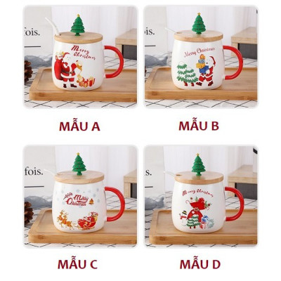 Ly sứ noel 480ml có muỗng sứ và nắp gỗ dễ thương
