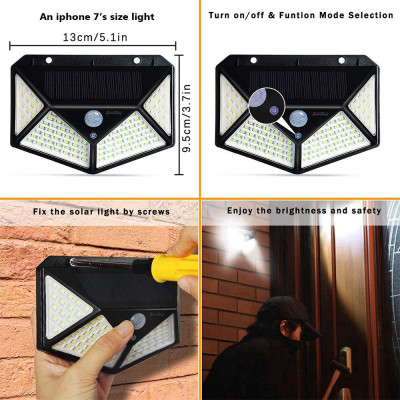 Đèn Năng Lượng Mặt Trời, Đèn Cảm Biến Tự Động Bật Tắt, Đèn Loại 100Led