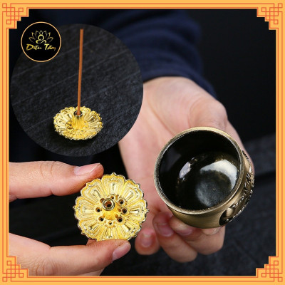 Lư Hương cắm nhang không tăm mini lư xông trầm hương 3 Chân Khắc rồng phượng tặng đế cắm nhang, lư không tăm mini
