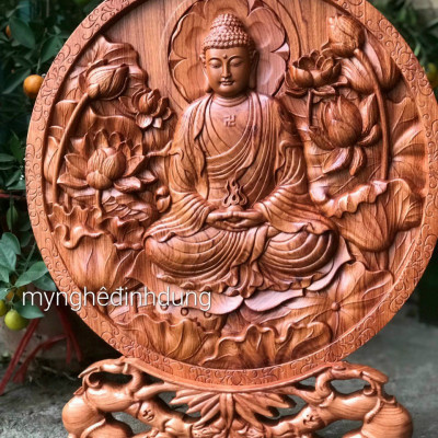 Đĩa khắc phật adi đà bằng gỗ hương đá kt 30cm 