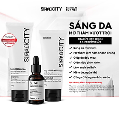 Bộ sản phẩm Men Stay Simplicity sáng da, mờ thâm cho nam: Sữa rửa mặt 100g + Vital Serum sáng da 30ml + Kem dưỡng ẩm 80g