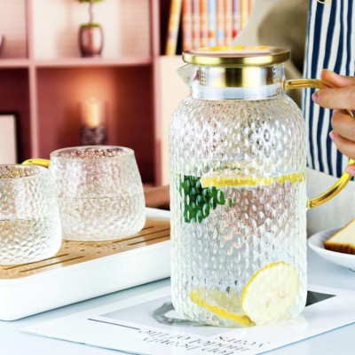 Bình thủy tinh đựng nước vân nhám chịu nhiệt lên tới 400 độ C dáng tròn cao nắp inox 2L- ANTH235