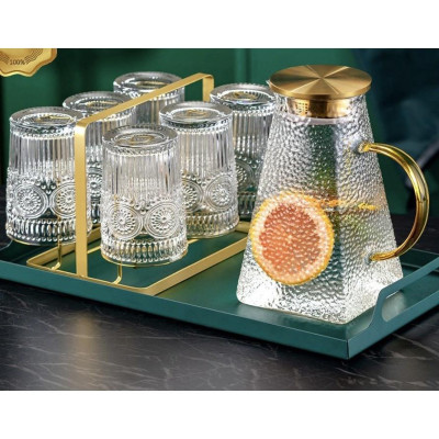 Set bình đựng nước uống thủy tinh kèm 6 cốc khay và giá úp cốc ( Giao khay  xanh ngẫu nhiên )