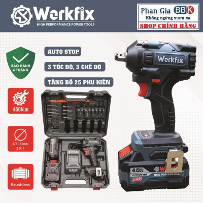 Máy Siết Bulong Pin 10 Cell Workfix 21V Lực Siết 450Nm - Motor 100% Ruột Đồng - Động Cơ Không Chổi Than - Bảo Hành 12T