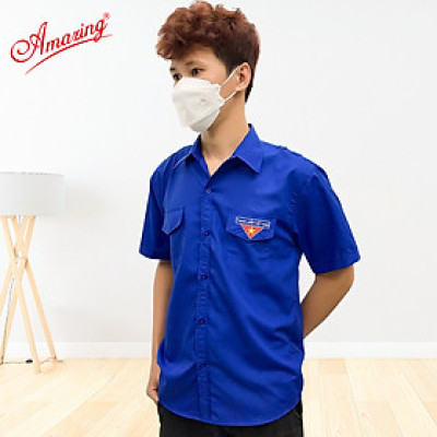 Áo sơ mi đoàn viên nam, đồng phục thanh niên Việt Nam, thêu cờ đỏ sao vàng, 2 túi có nắp và cầu vai