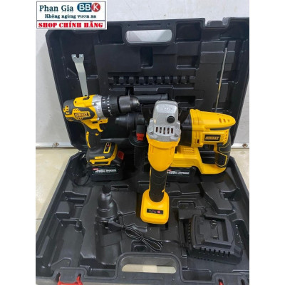 Bộ Combo 3 Trong 1 Gồm Máy Khoan Đục Bê Tông, Máy Mài Và Máy Khoan Pin Dùng Pin 199V, 2 Pin 15 Cell, Động Cơ Không Than