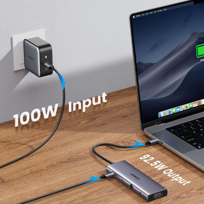 Ugreen UG15601CM498TK USB type C sang 1 x HDMI 4K30hz + 1 x VGA xuất cùng lúc + 1 x RJ45 1Gbps + TF + SD + 3 x USB 3.0 + 1 x 3.5mm NO MIC + 1 x USB-C PD 100W Bộ chuyển 10in1 - HÀNG CHÍNH HÃNG