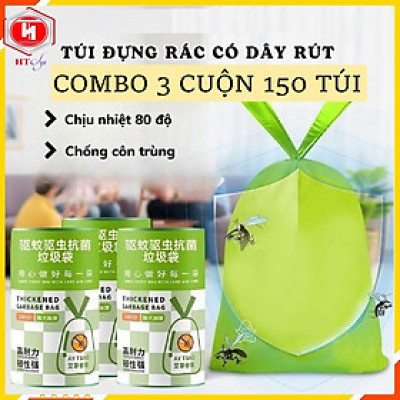 Túi Rác Có Dây Rút, Túi Đựng Rác Ngải Cứu Kháng Khuẩn, Túi Đựng Rác Xanh Lá, COMBO 3 Cuộn 150 Túi
