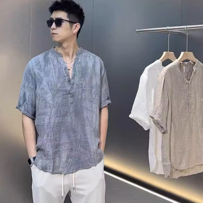 Áo sơ mi đũi nam retro ngắn tay cổ tàu mẫu mới cao cấp