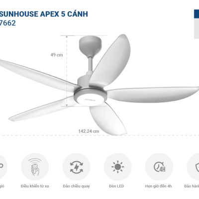 Quạt Trần Sunhouse Apex 5 cánh APF-7662 APF-7663, công suất 57W, cánh quạt sải rộng, điều khiển từ xa, Hàng chính hãng