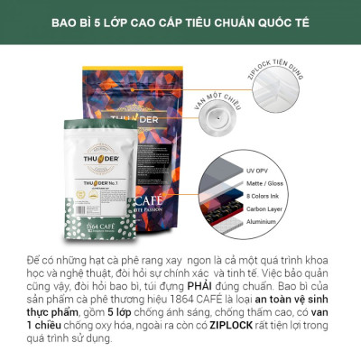 Cà Phê Nguyên Hạt Hạng 1 Sàng 1864/64 in Trọng lượng 220g THUNDER No.1 - 1864 CAFÉ
