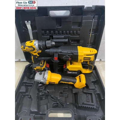 Bộ Combo 3 Trong 1 Gồm Máy Khoan Đục Bê Tông, Máy Mài Và Máy Khoan Pin Dùng Pin 199V, 2 Pin 15 Cell, Động Cơ Không Than