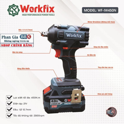Máy Siết Bulong Pin 10 Cell Workfix 21V Lực Siết 450Nm - Motor 100% Ruột Đồng - Động Cơ Không Chổi Than - Bảo Hành 12T