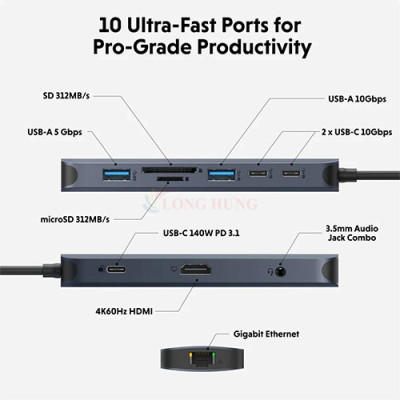 Cổng chuyển đổi HyperDrive Next 10-in-1 USB-C for Pro-grade Productivity HD4005GL - Hàng chính hãng