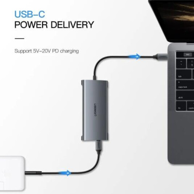 Ugreen UG40873CM179TK Bộ chuyển đổi TYPE C sang 3 USB 3.0 + HDMI + VGA + LAN + SD TF + hỗ trợ nguồn TYPE C - HÀNG CHÍNH HÃNG