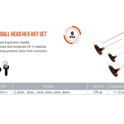 Bộ tay vặn T lục giác đầu bi 6 chi tiết RTB2000 Thổ Nhĩ Kỳ
