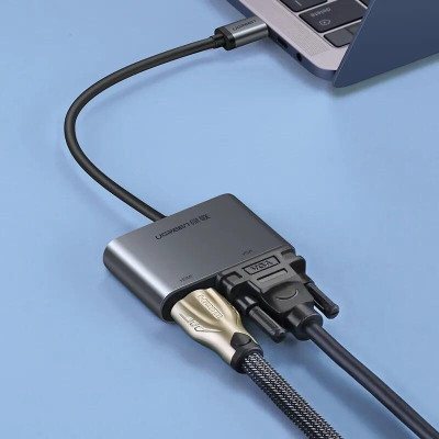 Ugreen UG50738CM162TK 15CM màu Xám Bộ chuyển đổi TYPE C sang HDMI + VGA + hỗ trợ nguồn TYPE C - HÀNG CHÍNH HÃNG