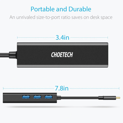 Hub Adapter 4 in 1 CHOETECH U02BK chuyển từ Type-C ra 3 cổng USB 3.0 & cổng LAN RJ45 dùng cho Macbook / Laptop (tốc độ cao, kết nối nhiều thiết bị, kết nối internet có dây) - Hàng chính hãng