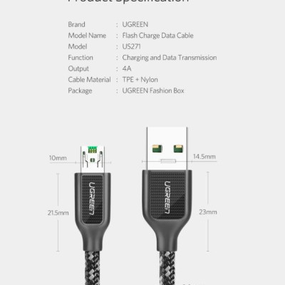 Ugreen UG50380US271TK 0.5M màu Đen Cáp sạc truyền dữ liệu USB 2.0 sang MICRO USB 4A võ hợp kim kẽm - HÀNG CHÍNH HÃNG