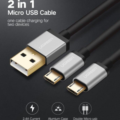 Ugreen UG40347US196TK 0.5M màu Đen Cáp sạc truyền dữ liệu USB 2.0 sang 2 đầu MICRO USB cao cấp - HÀNG CHÍNH HÃNG
