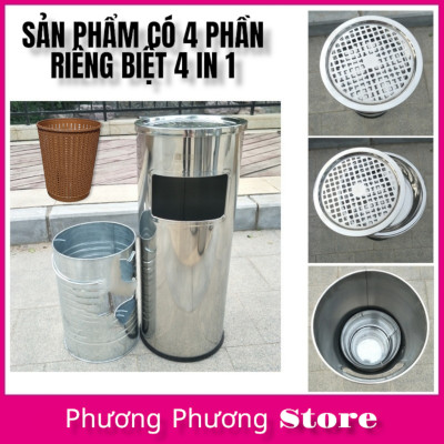 Thùng rác inox tròn, thùng rác inox gạt tàn tròn cao cấp ( Tặng sọt tròn mây )