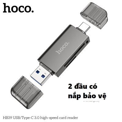 Đầu đọc thẻ nhớ đa năng chuẩn 3.0 hai đầu kết nối Usb và type C cho điện thoại laptop hoco HB39 _ hàng chính hãng