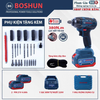 [chính hãƞg] Máy Siết Bulong Pin BOSHUN BS-IW380N, Lực siết 380Nm - Đầu 2in1 - Tặng 24 phụ kiện, Bảo hành 12 tháng