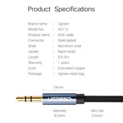 Ugreen UG10688AV112TK 3M màu Xanh Cáp âm thanh 2 đầu 3.5mm dương - HÀNG CHÍNH HÃNG