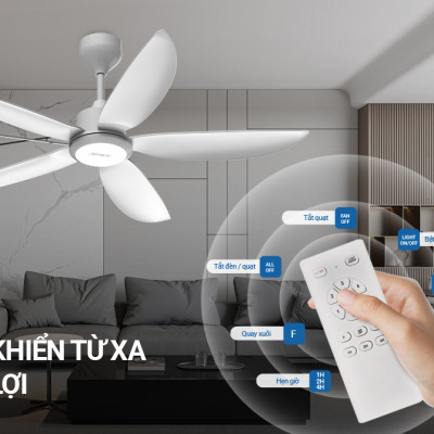 Quạt Trần Sunhouse Apex 5 cánh APF-7662 APF-7663, công suất 57W, cánh quạt sải rộng, điều khiển từ xa, Hàng chính hãng