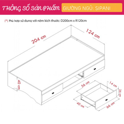 Giường gỗ có ngăn kéo hiện đại SMLIFE Sipani