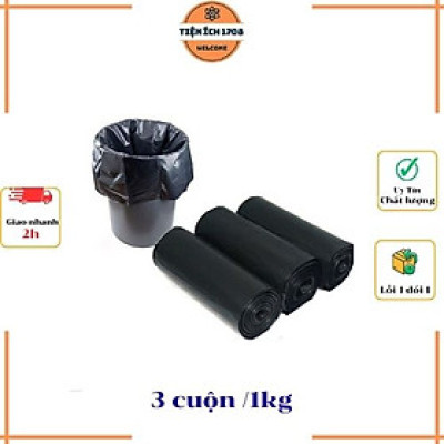 3 cuộn (1kg) túi đựng rác đen, bao rác tự phân hủy sinh học - size trung 55x65 cm